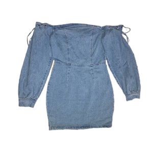 Blue Bardot Tie Sleeve Denim Mini Dress